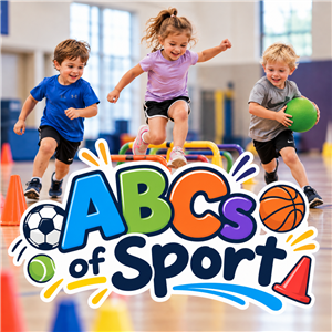 Colorful ABCs of Sport graphic featuring three smiling young children running, jumping over hurdles, and playing with a ball in a gymnasium. Bold, playful lettering reads “ABCs of Sport,” surrounded by colorful sports equipment, including a soccer ball, b