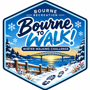 Six-sided winter-themed Bourne Recreation logo featuring the words “Bourne to Walk! Winter Walking Challenge.” The design includes a snowy walking path with footprints, evergreen trees, snowflakes, and a bridge overlooking the water. Shades of blue, white
