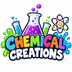 Colorful, playful logo for the “Chemical Creations” science program. Bold, multicolored lettering is surrounded by laboratory beakers and test tubes filled with bubbling purple, blue, and green liquids. Bright splashes, floating bubbles, and an atom symbo