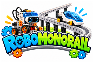 Colorful RoboMonorail program logo featuring a playful, building-block-style robot with glowing blue eyes beside a futuristic blue and white monorail traveling along an elevated track. Bold blue and green lettering spells “ROBOMONORAIL,” surrounded by col